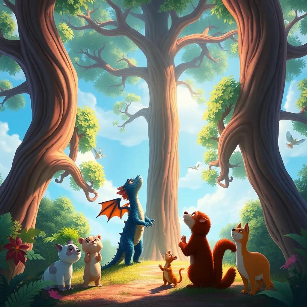A tall and beautiful tree, with Dimi the little dragon looking up, trying to jump, surrounded by his animal friends cheering him on, digital painting, magical and uplifting, bright colors, wide view, high quality