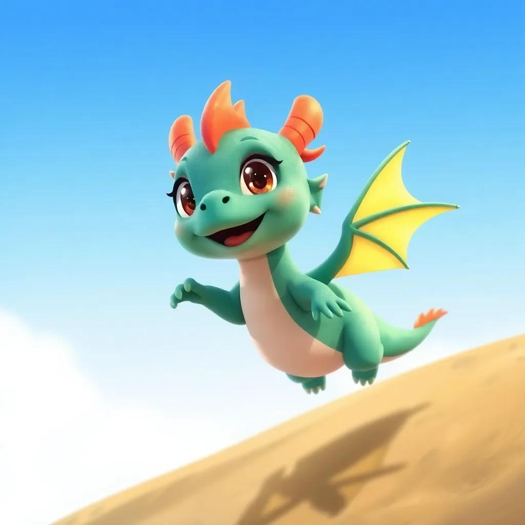 Dimi, a little dragon with sparkly eyes, trying to fly, soaring slightly above the ground with a look of excitement, beneath a bright blue sky, illustration, playful and cheerful, warm colors, high quality