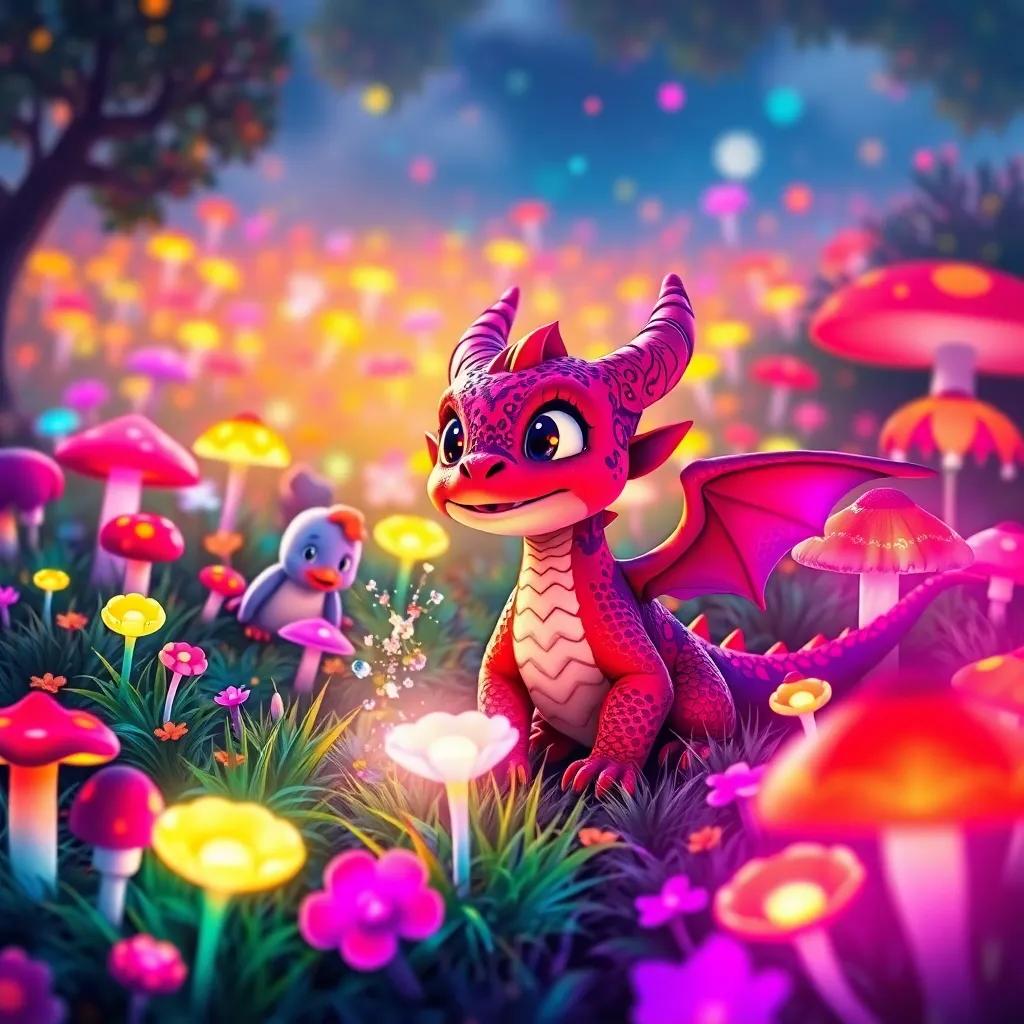 A colorful meadow filled with glowing flowers and mushrooms, Dimi the little dragon discovering magic, looking amazed and excited, surrounded by his animal friends, vibrant colors, magical atmosphere, high quality