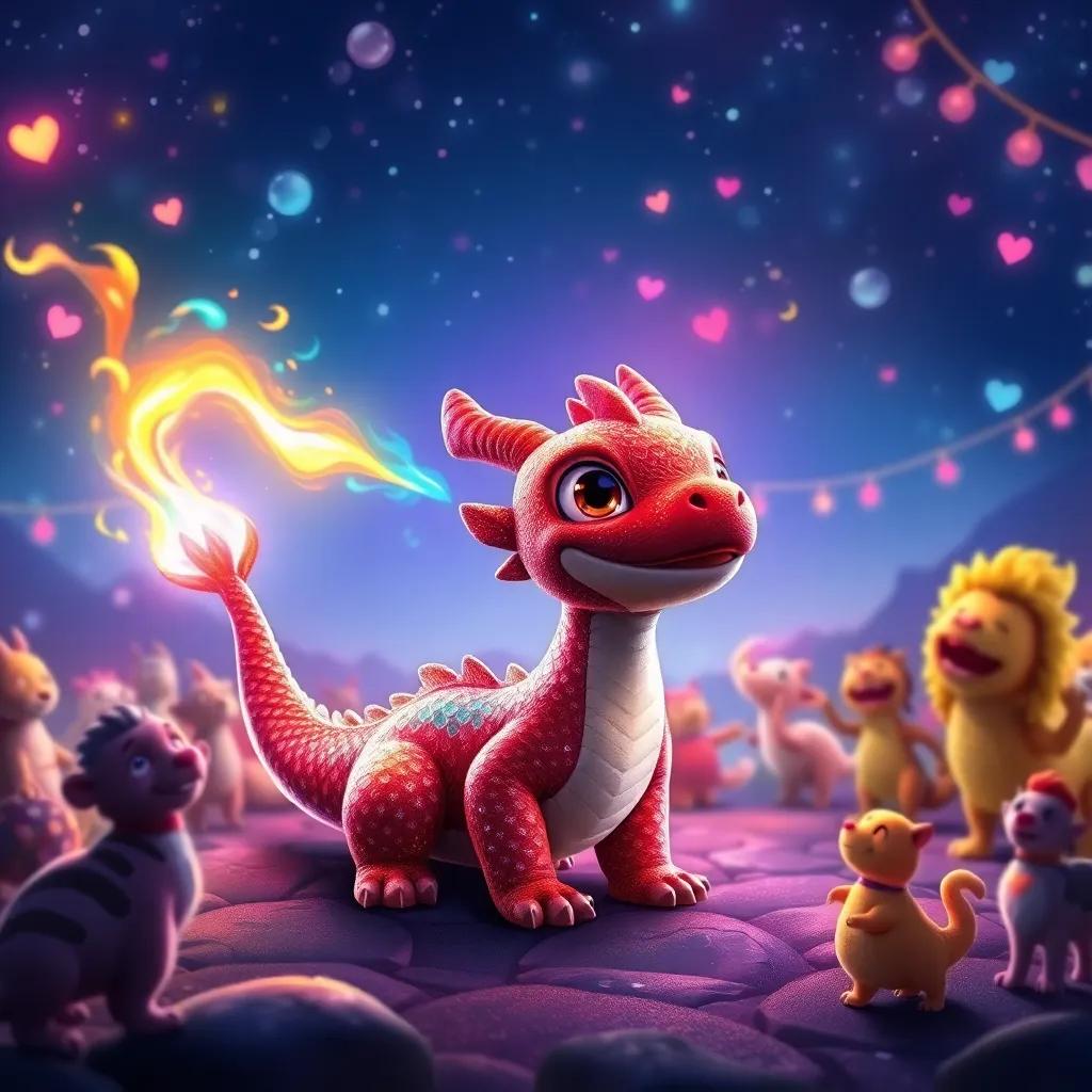 Dimi, a little dragon with shimmering scales, breathing colorful flames into the night sky, illuminating the area with bright colors, surrounded by happy animals dancing, digital painting, festive and joyful, high quality
