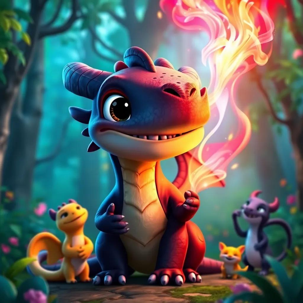 Dimi, a brave little dragon smiling proudly at his magical colorful flames, with his friends cheering around him amidst a cheerful forest, digital art, rich colors, lively atmosphere, high quality