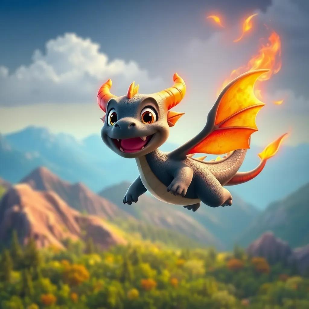 Dimi, the little dragon, flying happily with a big smile over gleaming forests and mountains, showcasing his unique magical flames, vibrant landscape, cheerful tone, high quality