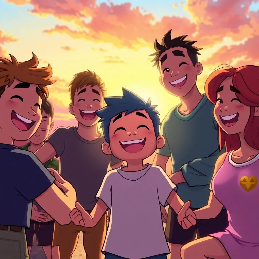 Dimi surrounded by his friends, celebrating his newfound powers with a beautiful sunset in the background, full of colors, joyful expressions, warm lighting, illustration, heartwarming scene, high quality