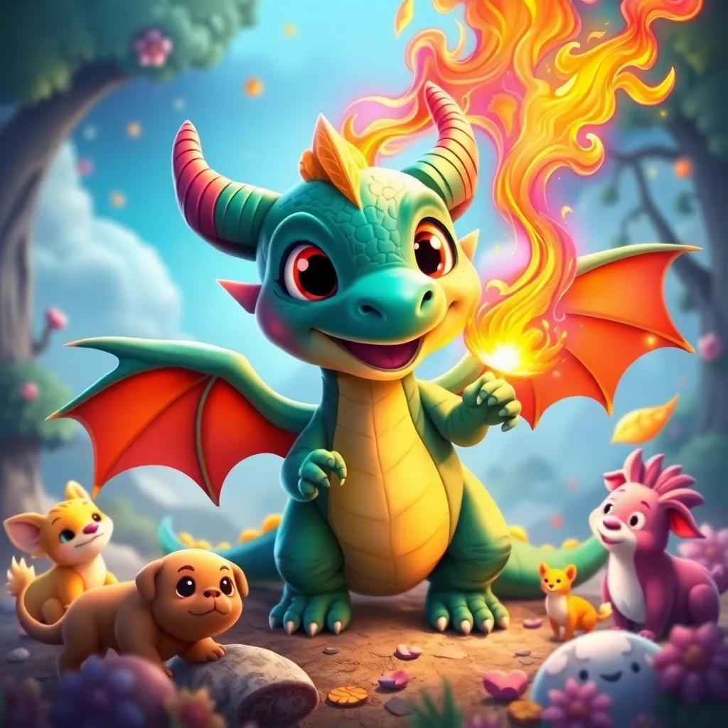 Dimi, the little dragon, depicted as a hero with colorful magic flames, spreading joy and friendship with his animal friends in a magical world, detailed and whimsical art, extraordinary and bright colors, high quality