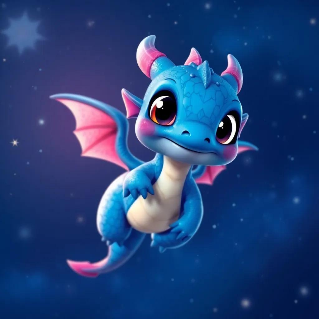A little dragon, Draki, blue with shiny scales, flying in a starry night sky, looking excited, vibrant colors, magical atmosphere, high quality