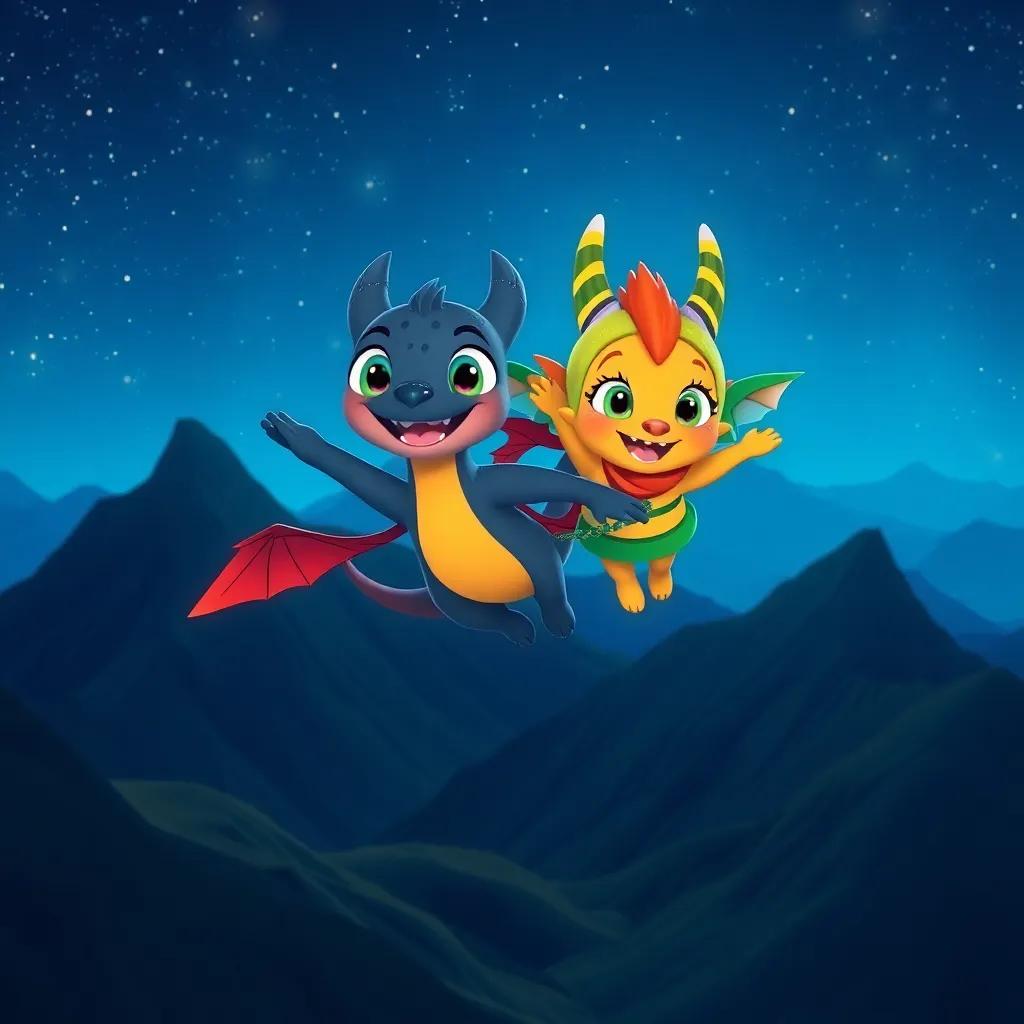 Draki and Lúmi flying together over a mountain landscape at night, with bright stars twinkling above, cheerful and adventurous scene, colorful