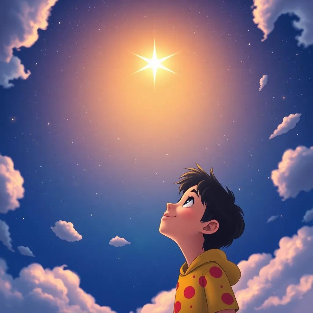 A beautiful bright star shining in the night sky above Draki, who is looking up in awe, surrounded by clouds, vibrant colors, detailed illustration