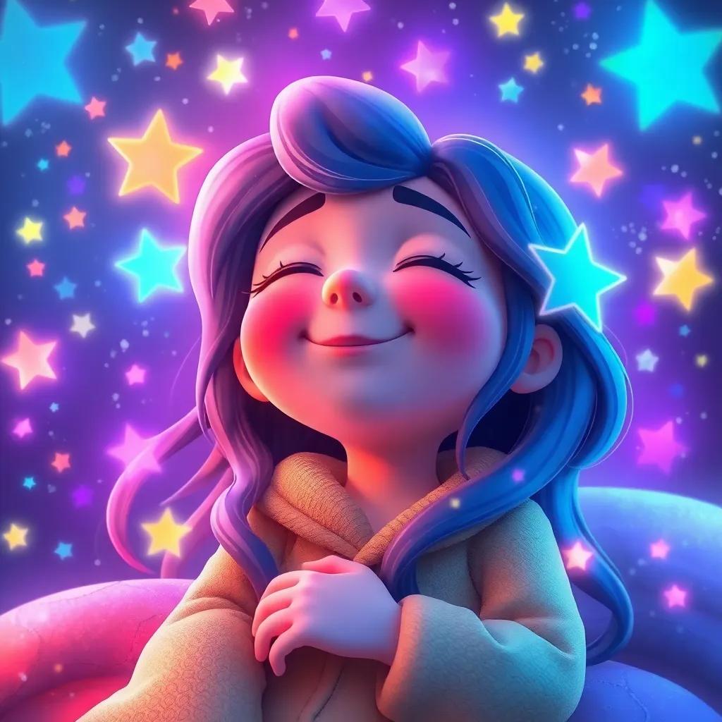 Draki happily dreaming with closed eyes, surrounded by colorful stars and beautiful lights, feeling light and joyful, magical, dream-like atmosphere