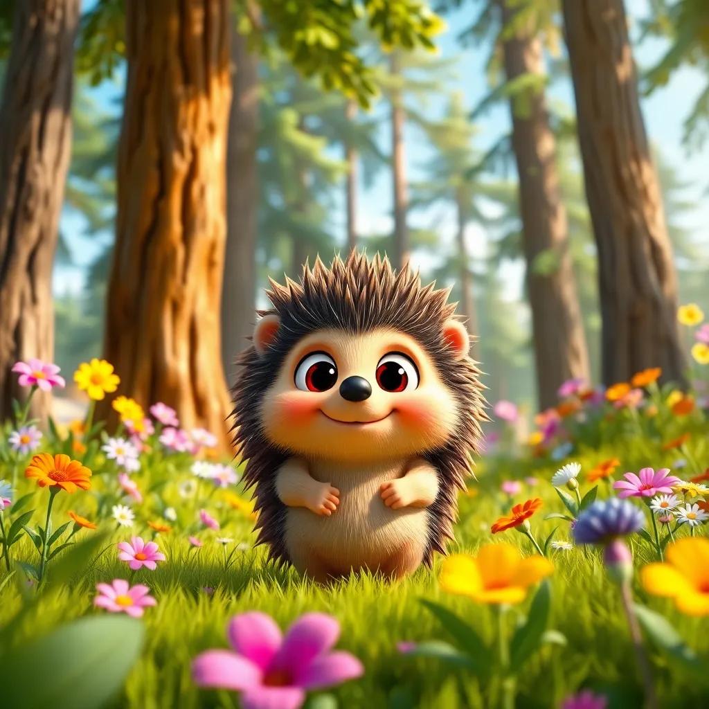 A small hedgehog named Enrique, with round eyes and a curious expression, standing amidst tall trees and colorful flowers in a bright forest, cheerful atmosphere, vibrant colors