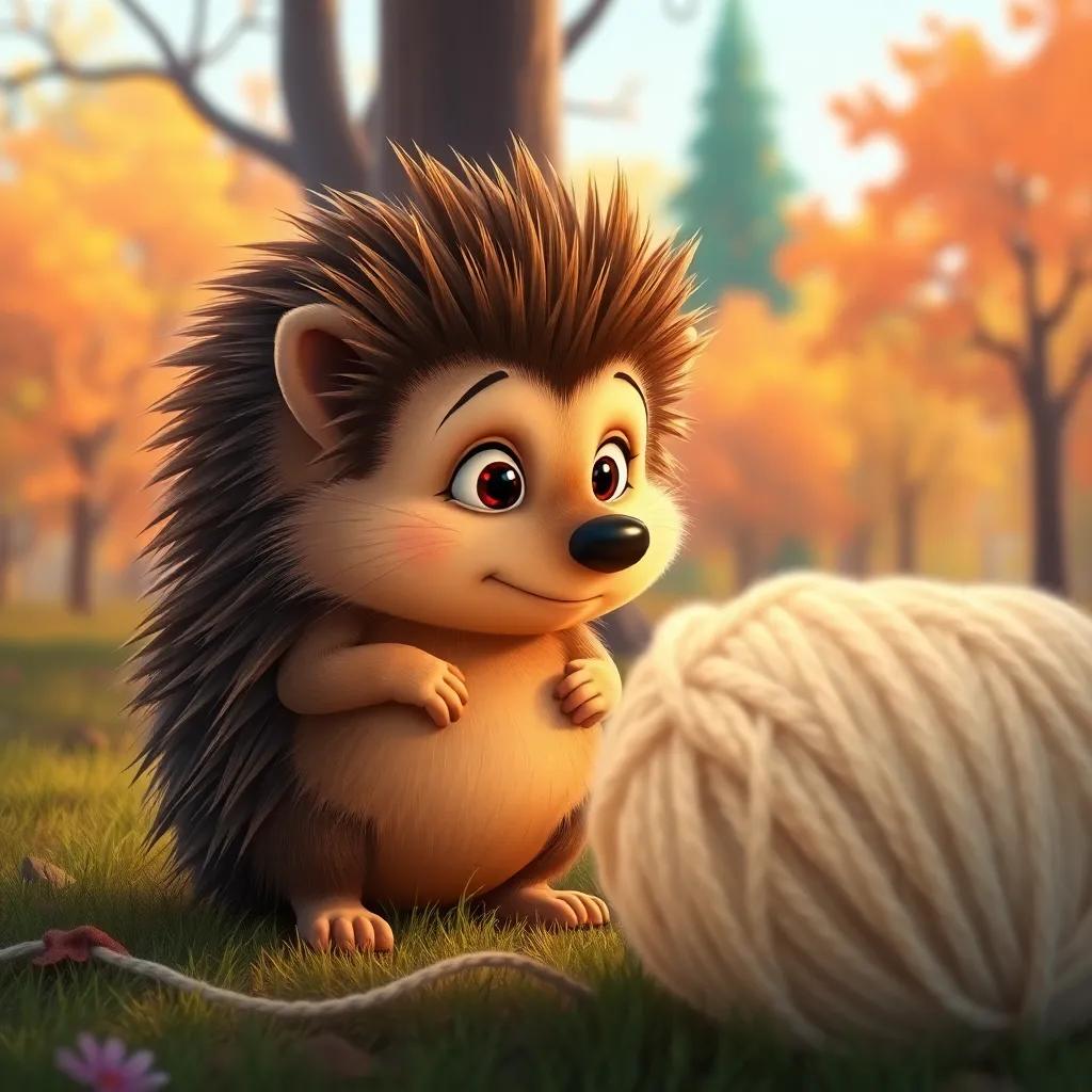Enrique the hedgehog looking at a big ball of wool, feeling perplexed, with colorful trees in the background, warm lighting, child-friendly illustration
