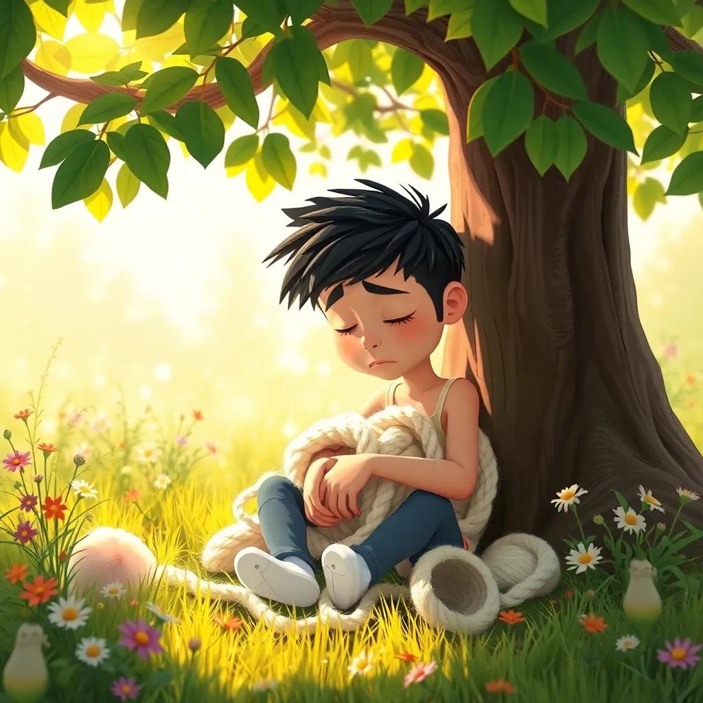 Enrique sitting frustrated under a tree, tangled in wool, surrounded by bright greenery and flowers, gentle sunlight filtering through leaves, sweet and humorous scene