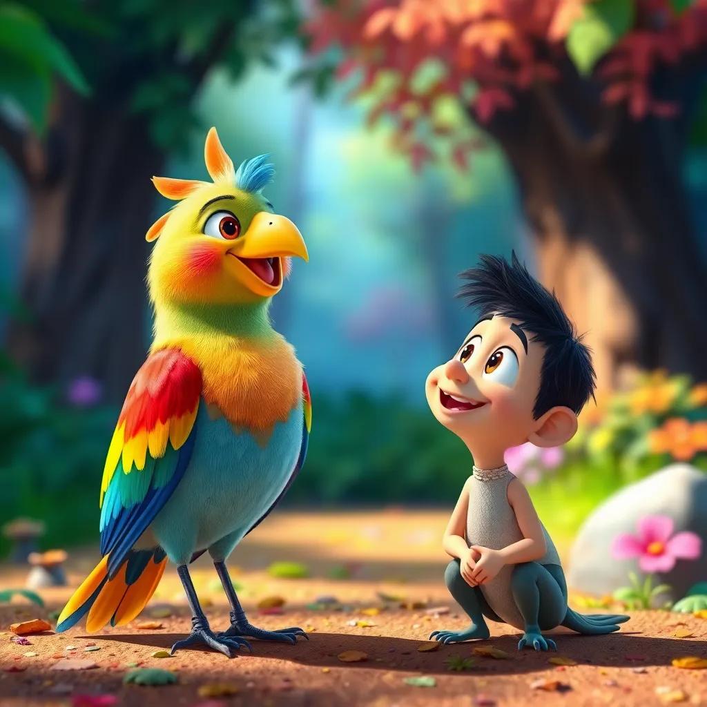 A bird with colorful feathers and a cute smile talking to Enrique, who looks curious while sitting on the ground, vibrant forest background, bright and cheerful