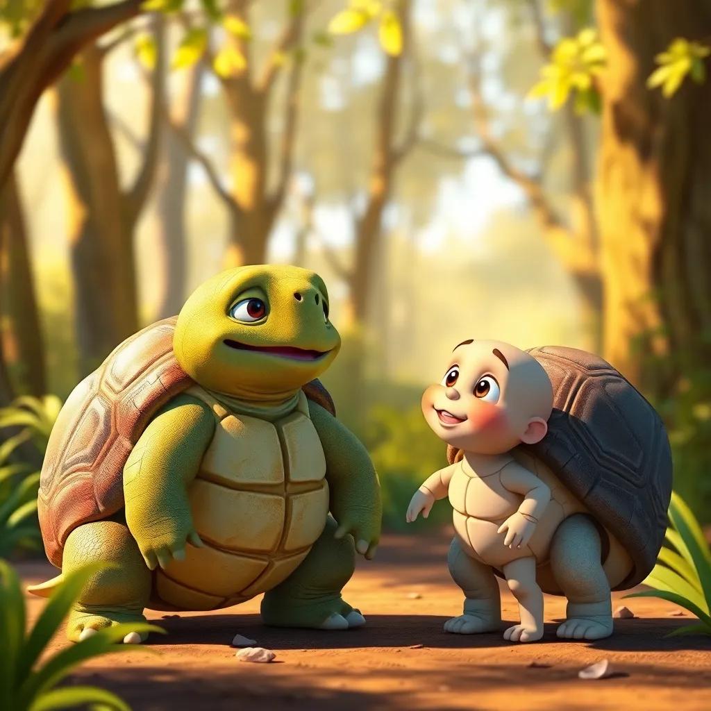 A wise tortoise standing next to Enrique, speaking to him, with a kind expression, surrounded by a sunny forest, happy and warm atmosphere