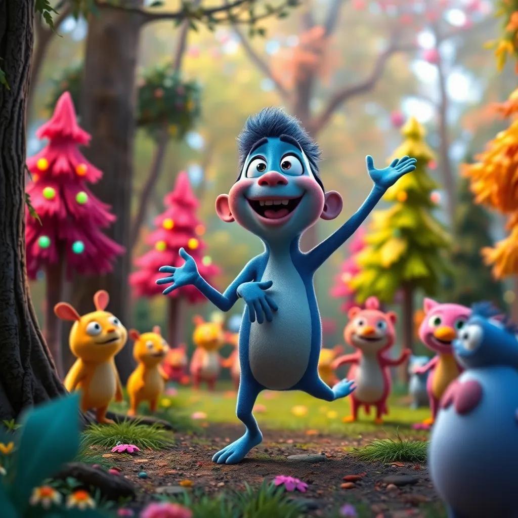 Enrique realizing his spines are special, with a joyful expression, dancing among his friends in the forest, colorful trees around, festive and vibrant
