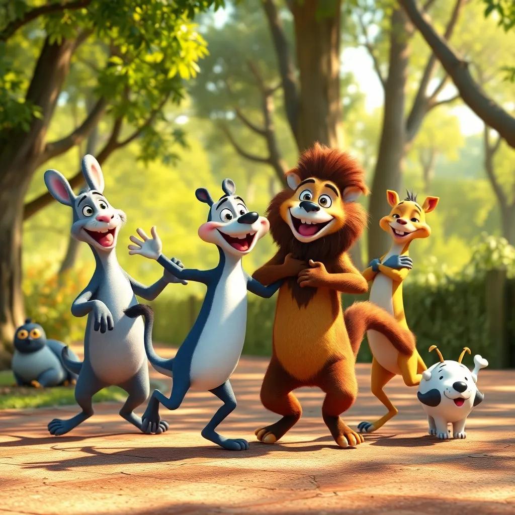 Animals dancing together with Enrique, celebrating uniqueness, with a background of a sunny forest, joy and togetherness in the air, colorful and uplifting