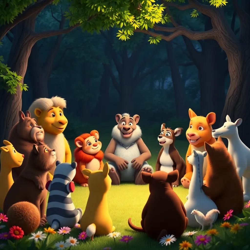 Animals gathered in a circle, listening to Enrique share his lesson about self-acceptance, surrounded by trees and flowers, warm light illuminating their faces, friendly and happy scene