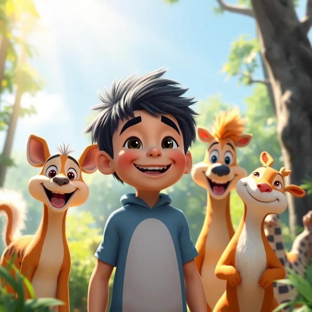 Enrique and his animal friends smiling happily in the forest, showing their unique features, with bright sunlight shining down, joyful and loving atmosphere