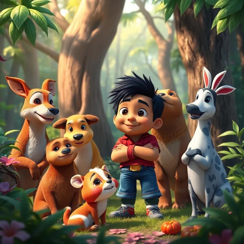 A peaceful forest scene showing Enrique, now confident, surrounded by animals, depicting friendship and acceptance, colorful, and vibrant surroundings.