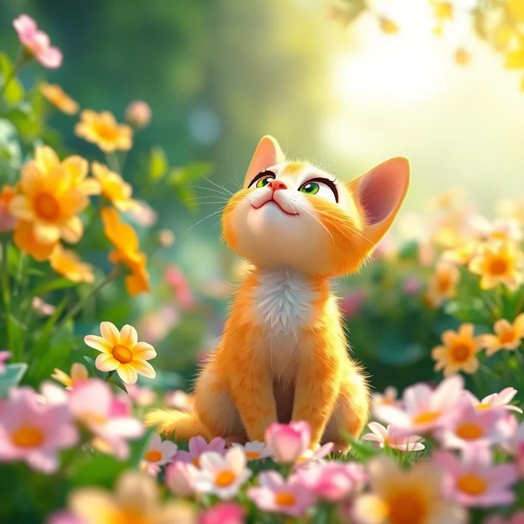 Un pequeño gato amarillo, Milo, con patas suaves y brillantes, sentando en un jardín lleno de flores, mirado hacia el cielo, alegre, digital art, colores suaves, ambiente alegre, calidad alta