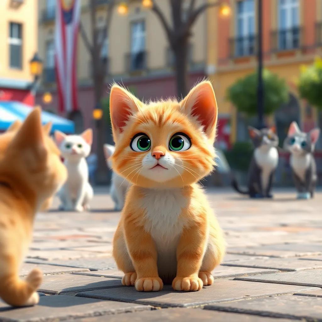 Milo, el pequeño gato amarillo, observando a otros gatos en la plaza, con su cara curiosa, jugando y maullando, una escena animada, arte digital, colores vivos, ambiente amigable, calidad alta