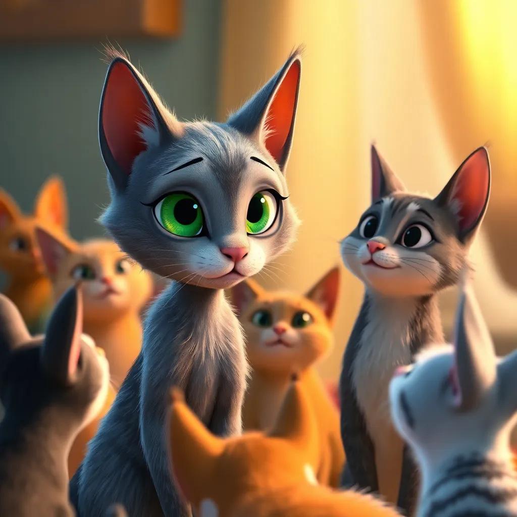Un gato gris llamado Luna, con ojos verdes grandes, explicando a Milo como conseguir su voz, rodeados de otros gatos, en un ambiente cálido, escena entretenida, arte digital, claro y detallado