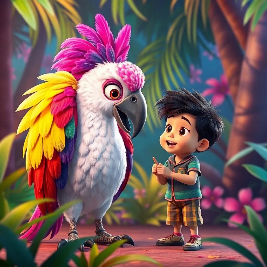 Coco, el loro parlante, con plumas brillantes y coloridas, enseñando a Milo a imitar sonidos, en un entorno tropical, ambiente colorido, digital art, vibrante y alegre