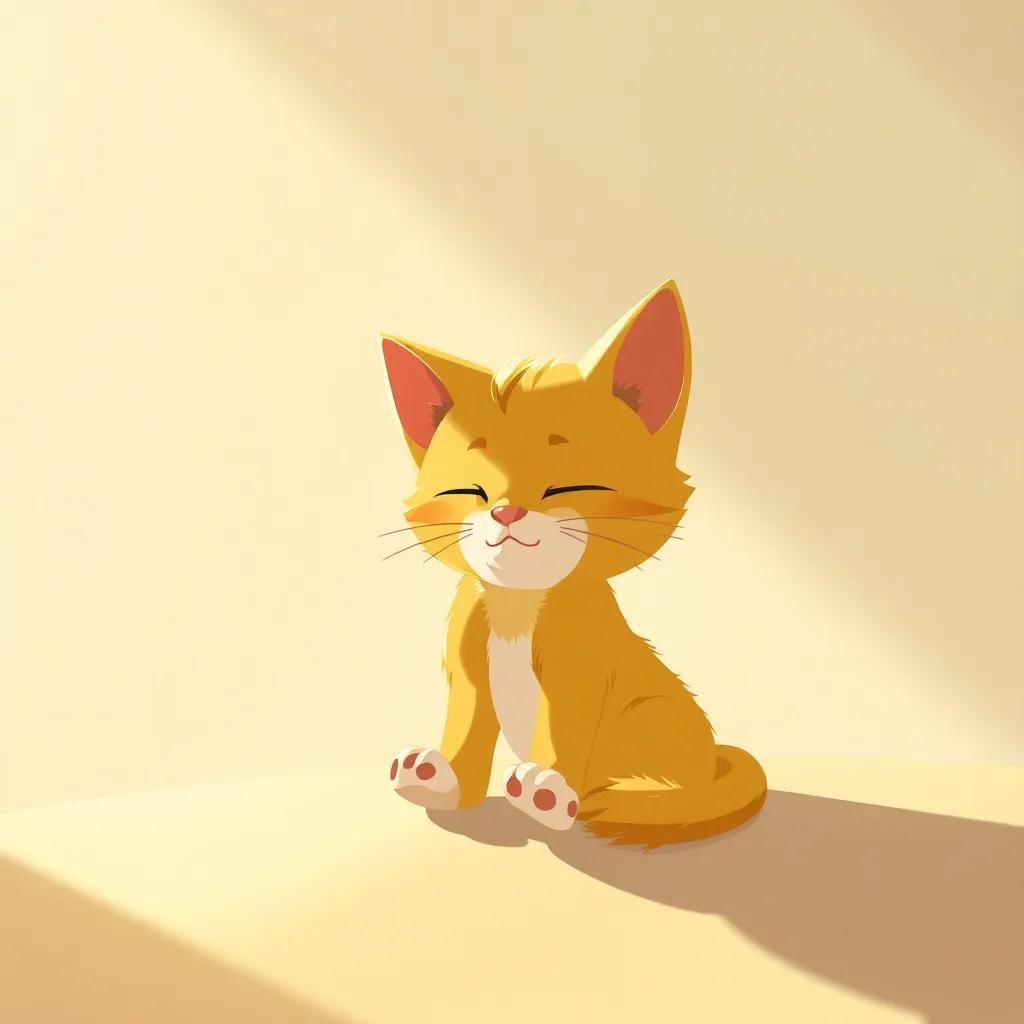 Milo, el pequeño gato amarillo, sentado en un rayo de sol, soñando y pensando, ilustración, suave luz del sol, tranquilo, reflexión positiva, arte digital, calidad alta
