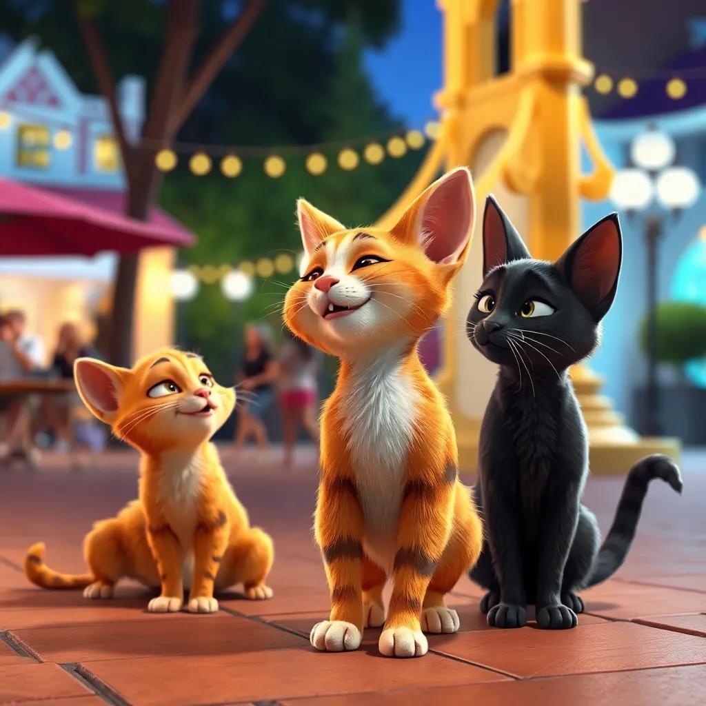 Milo de vuelta en la plaza, ronroneando con felicidad, otros gatos escuchándolo y sonriendo, escena animada, colores cálidos, ambiente amigable, arte digital, calidad alta