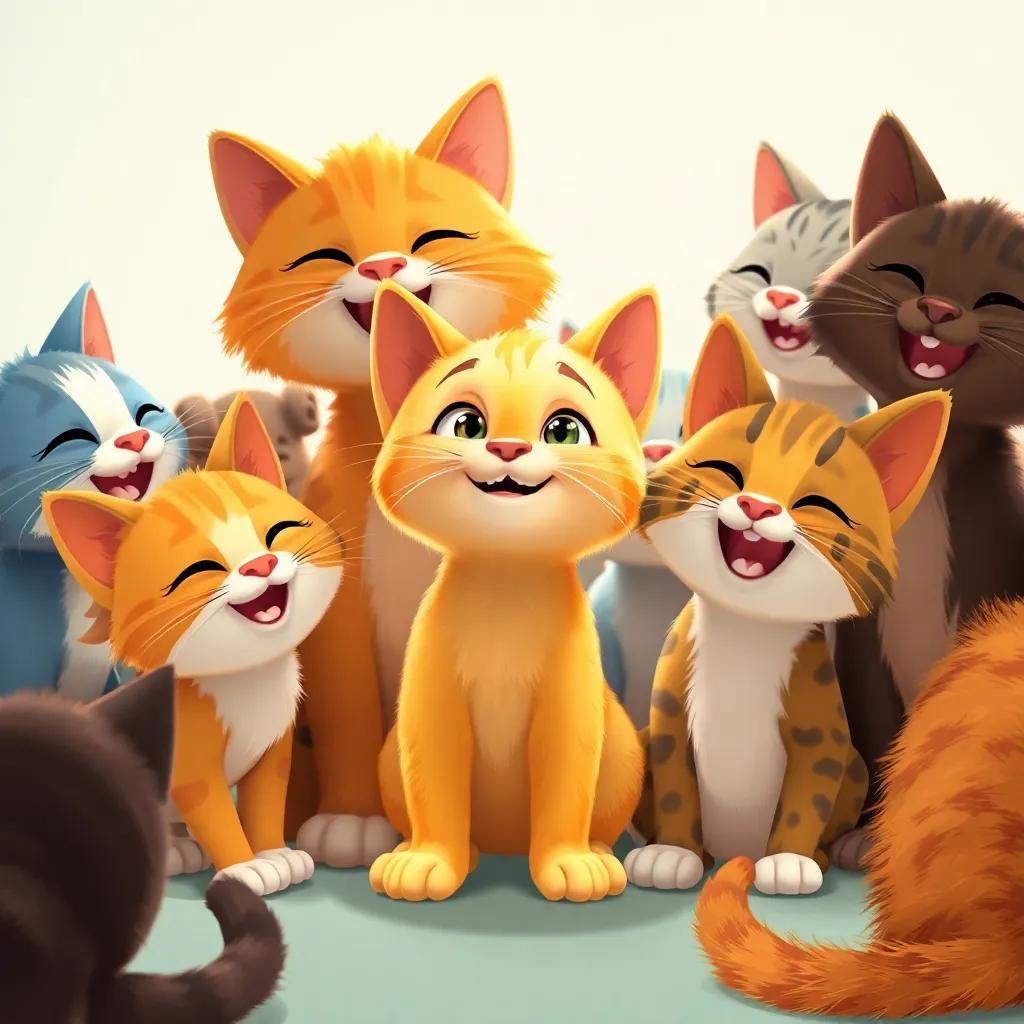 Milo, el pequeño gato amarillo, maullando con un grupo de gatos, todos felices y juntos, ilustración, alegría compartida, colores vibrantes, arte digital, calidad alta
