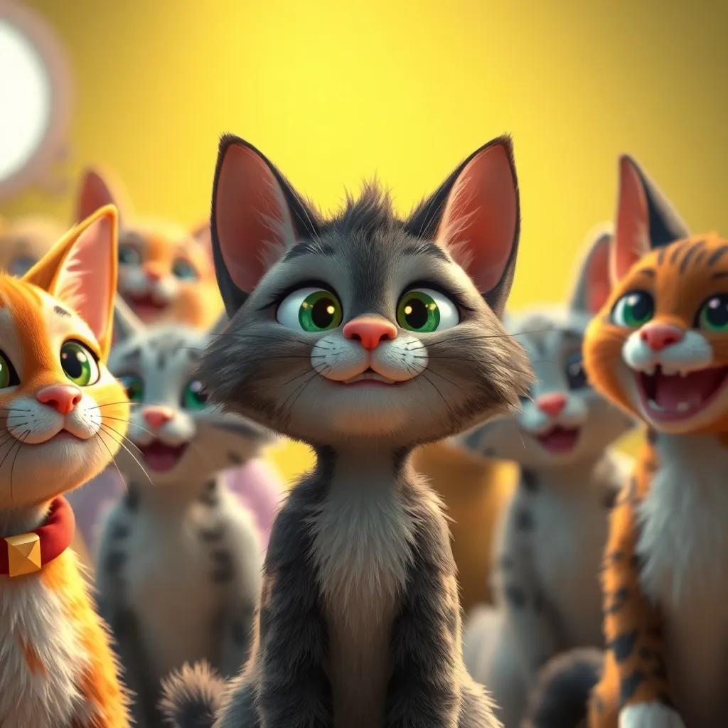 Milo rodeado de otros gatos, mostrando su originalidad y seguridad, en un ambiente divertido y positivo, digital art, iluminado y alegre, calidad alta