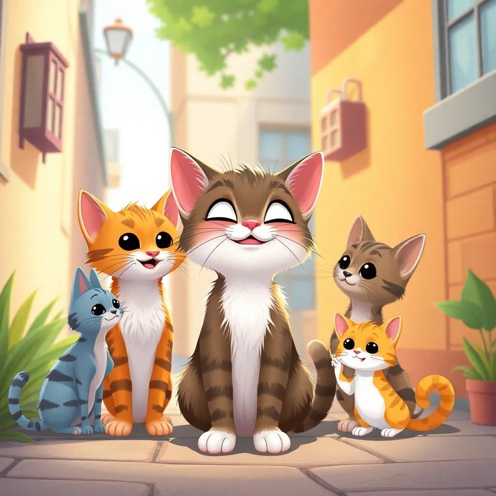 Un gato pequeño, nuevamente feliz en el barrio, con sus amigos, todos comunicándose a su manera, ilustración cariñosa, lleno de vida, arte digital, calidad alta