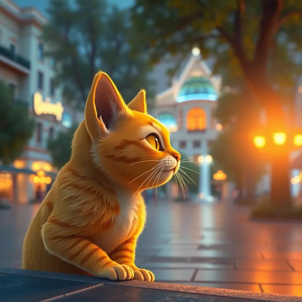 Milo, un gato amarillo especial, disfrutando de la vida con su propio sonido, mirando un atardecer brillante en la plaza, arte digital, colores cálidos, inspirador, calidad alta