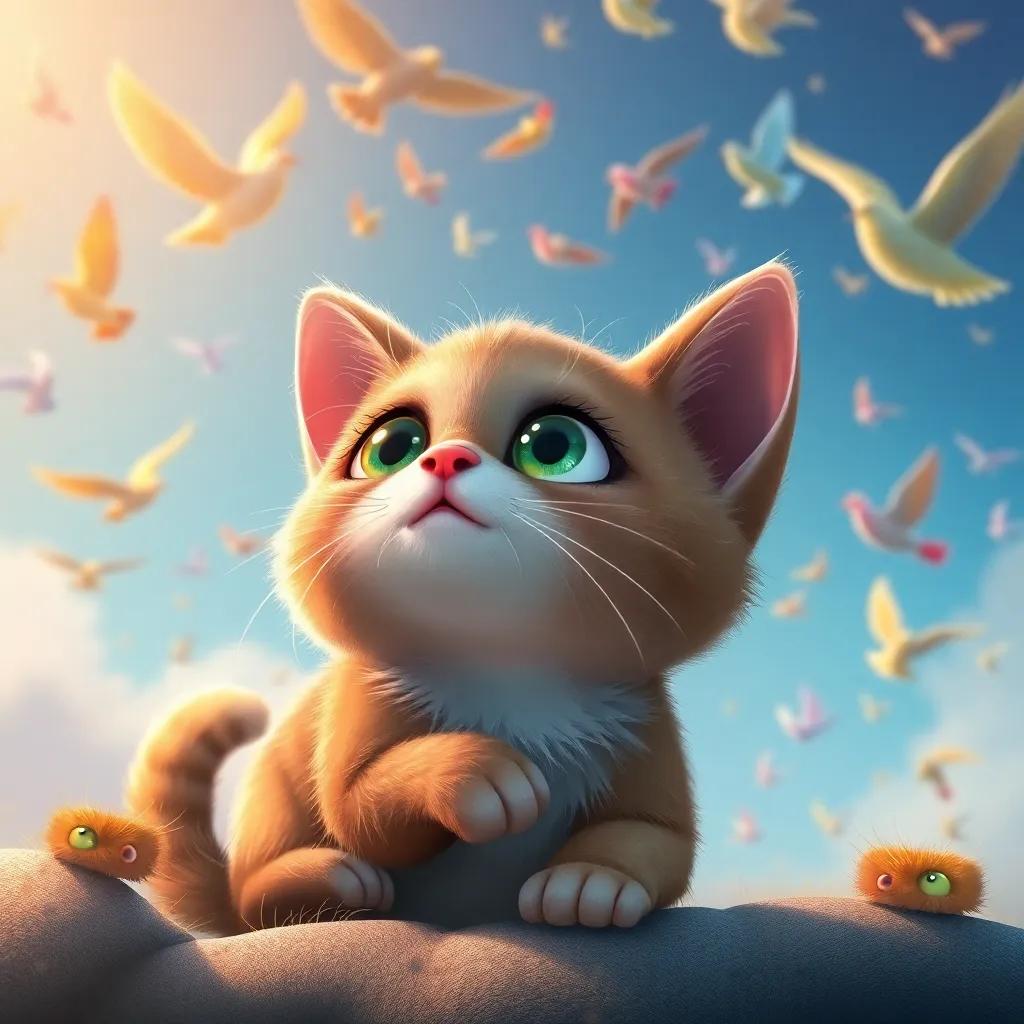 A small, dreaming cat named Pipo with big green eyes and soft fur, looking up at the sky filled with colorful birds, digital art, vibrant colors, joyful atmosphere, high quality