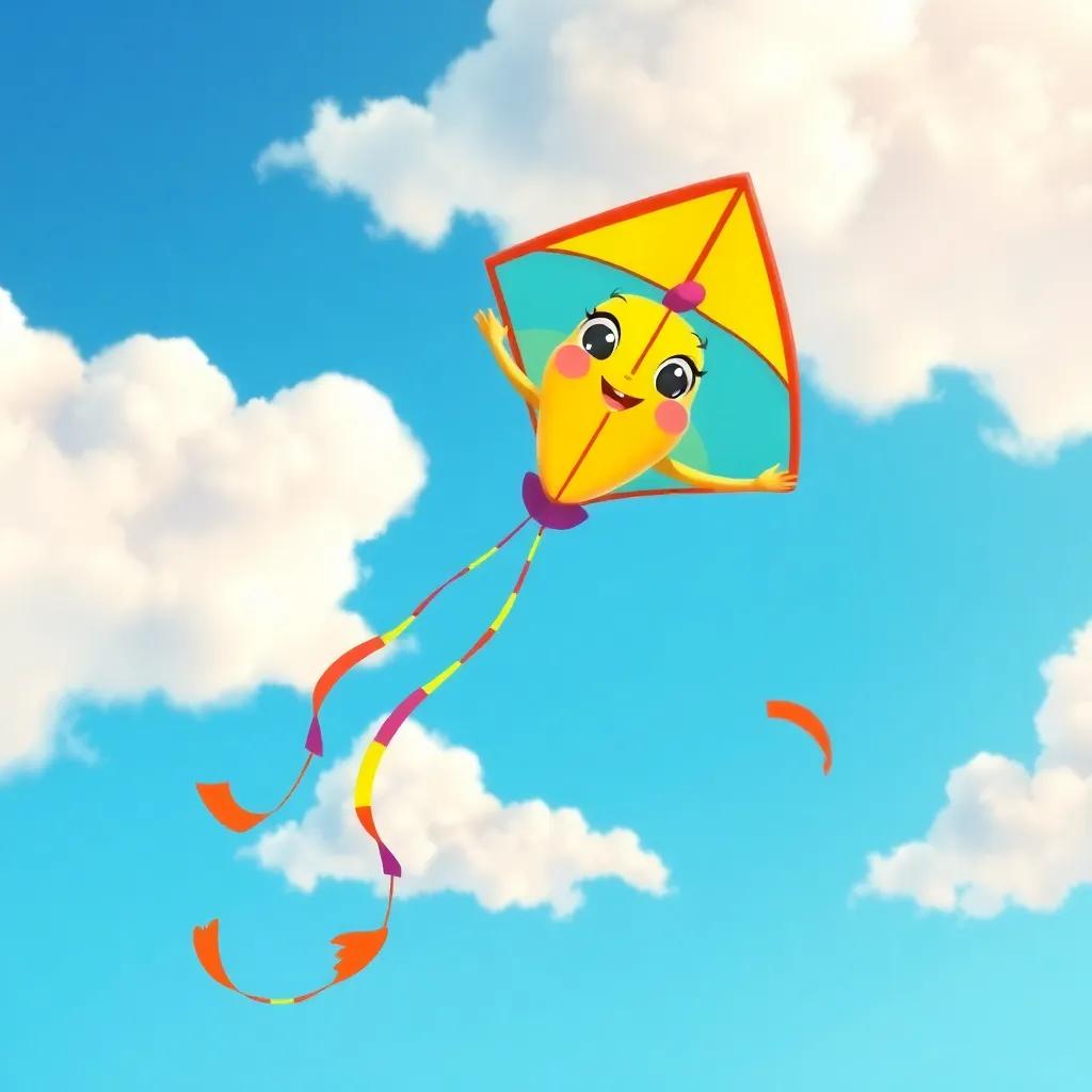 A beautiful colorful kite named Cielo dancing among the clouds, with a cheerful expression and wavy tails, bright blue sky, digital art, fun, child-friendly, high quality
