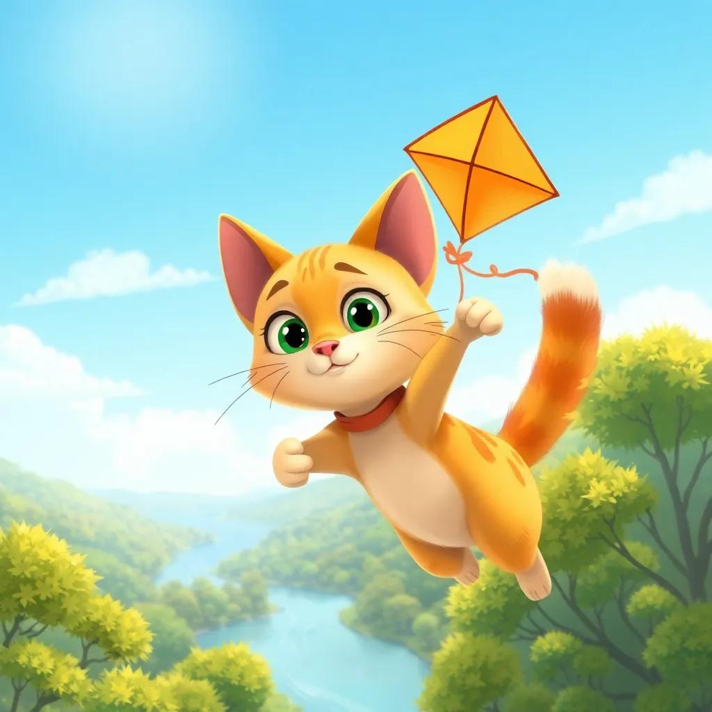 Pipo the cat with a curious expression, tied to the colorful kite Cielo, flying high above trees and rivers, surrounded by a bright sunny sky, playful illustration, high quality