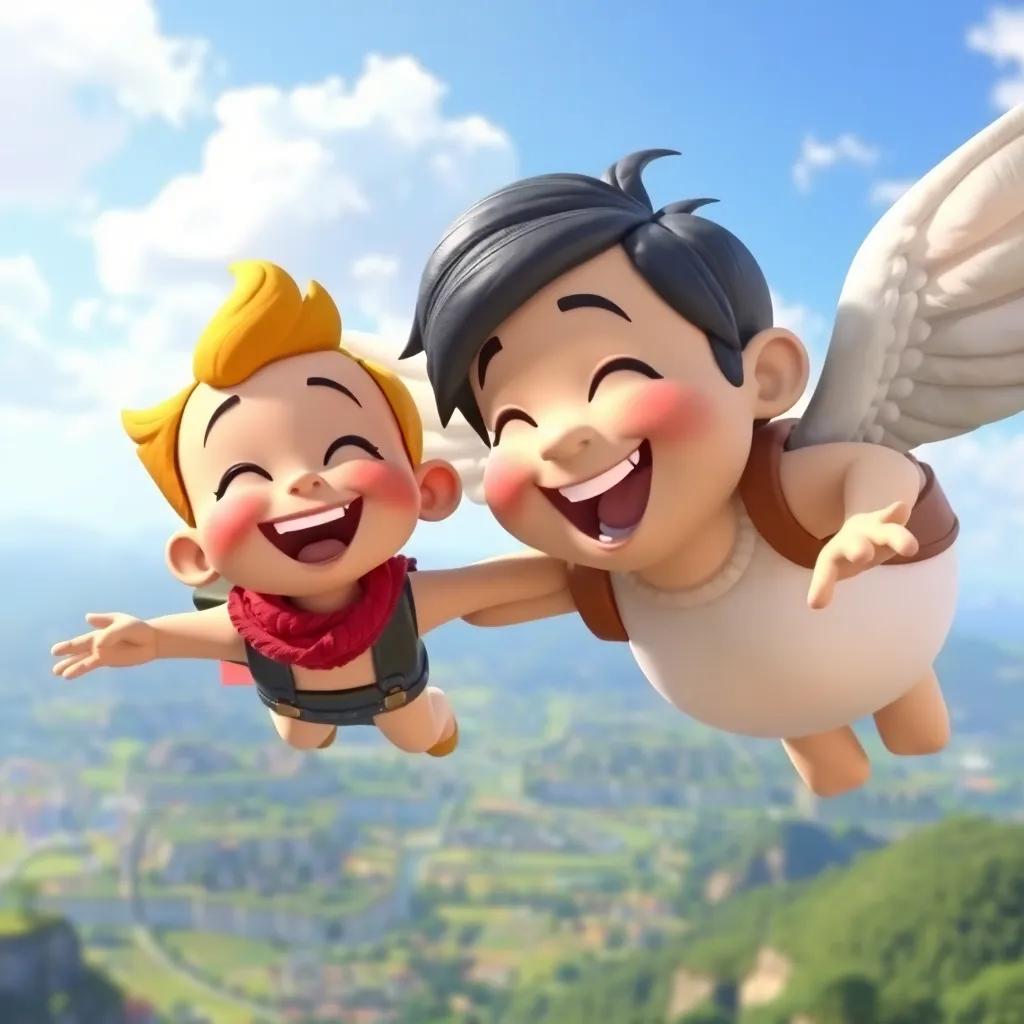 Pipo laughing happily while flying with Cielo, looking down at the beautiful landscape below, cheerful colors, joyful scene, high quality