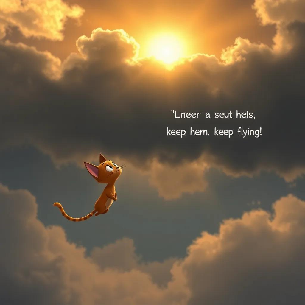 A dark cloud blocking the sun, with Pipo the cat looking scared while Cielo encourages him to trust and keep flying, imaginative digital art, warm colors, uplifting, high quality