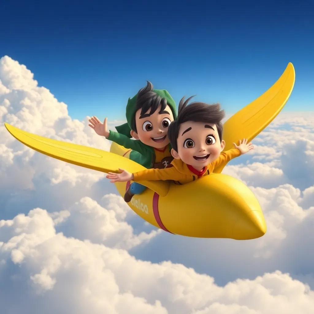 Pipo and Cielo soaring high above a dark cloud, with Pipo looking more confident and Cielo smiling, bright colors, adventurous atmosphere, high quality