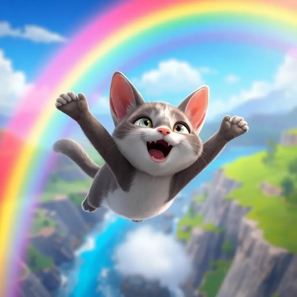 Pipo the cat excitedly flying next to a vibrant rainbow, experiencing feelings of freedom, with colorful scenery around him, enchanting digital art, joyful, high quality