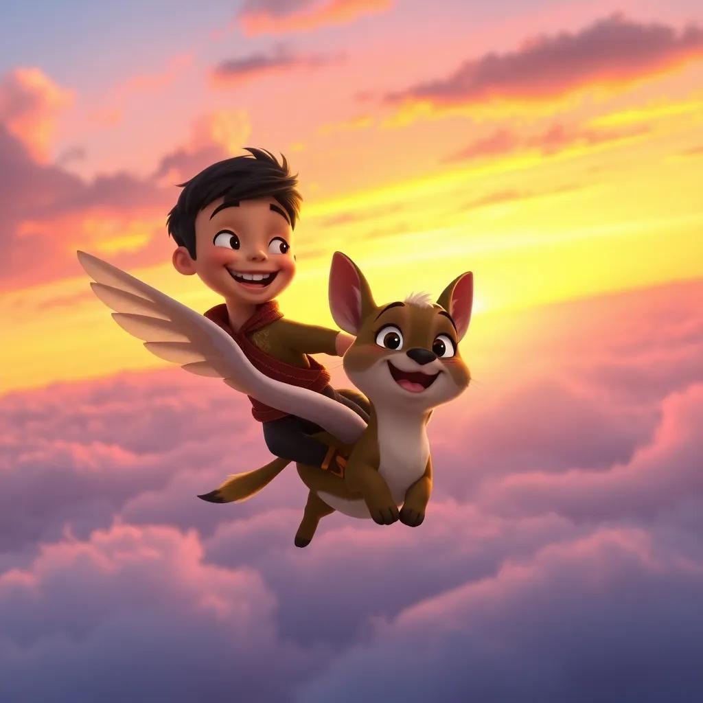 Pipo smiling while flying back down to the ground with Cielo by his side, the sunset painting the sky with warm colors, heartwarming scene, high quality