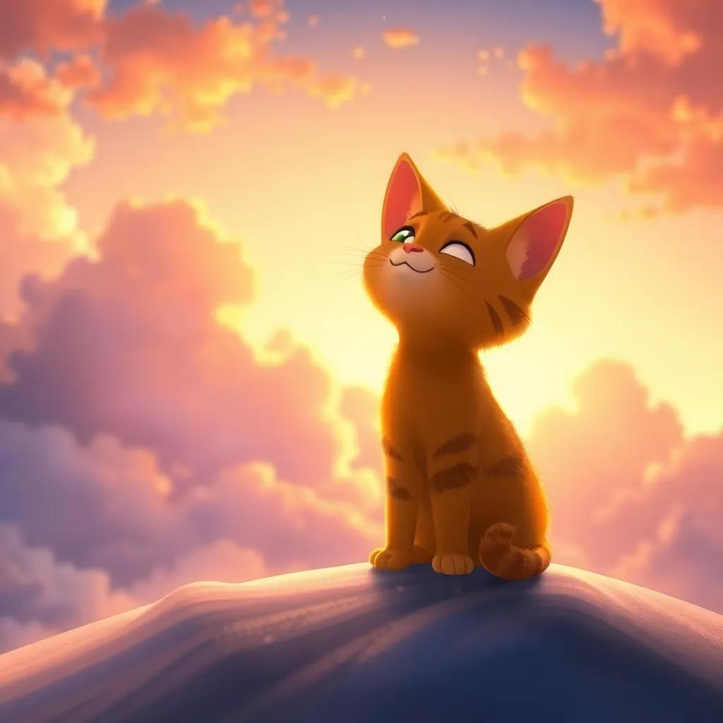 Pipo the cat looking back at his adventure in the sky with a sense of joy and fulfillment, surrounded by a glowing sky, reflective, warm colors, high quality