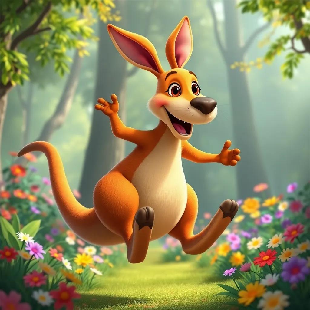 A large kangaroo named Lino, with a happy smile and a strong tail, jumping joyfully in a vibrant forest, surrounded by colorful flowers, illustration, lively and playful
