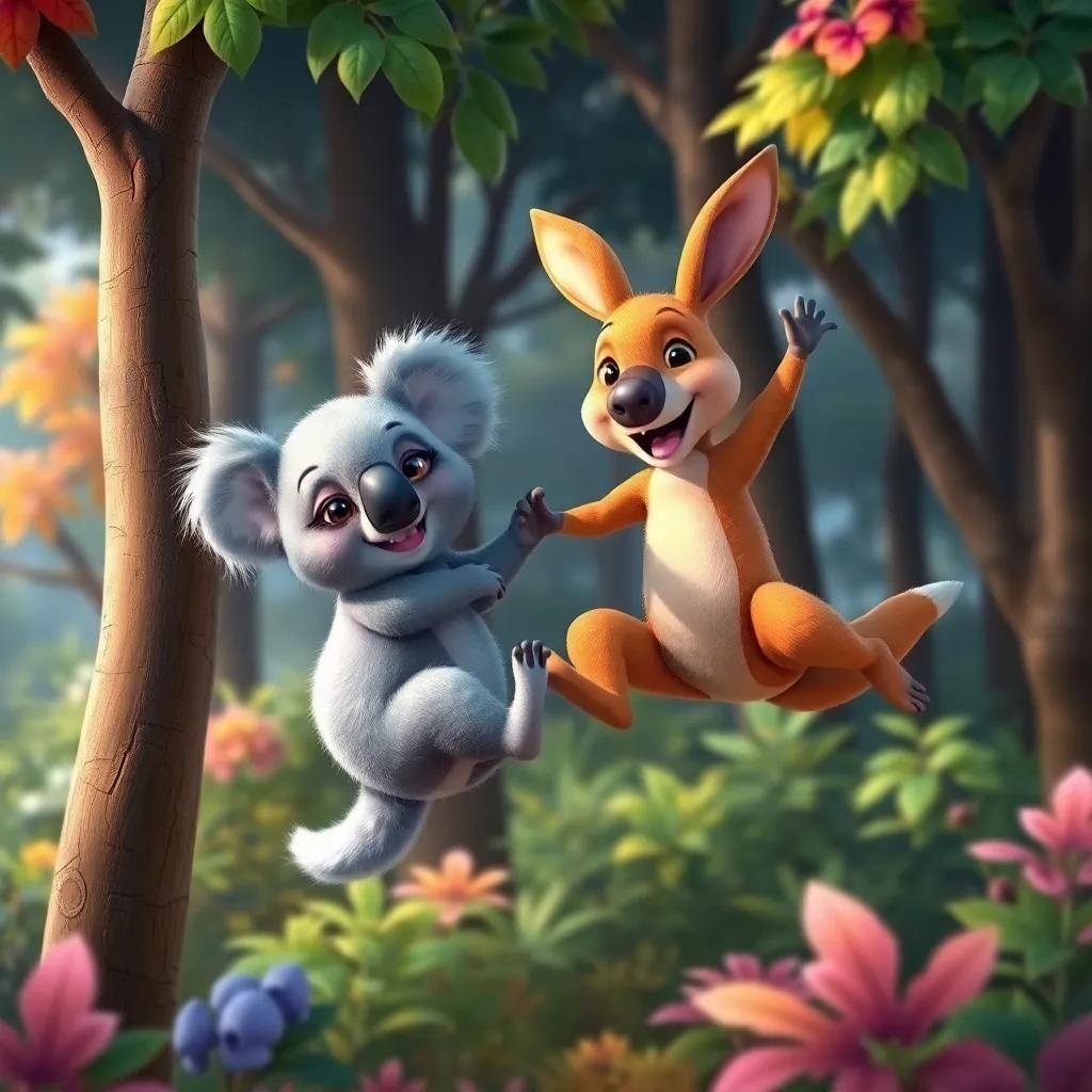 Koko, the koala, and Lino, the kangaroo, playing together in the forest, climbing trees and jumping happily, colorful foliage, fun and exciting vibes, artwork, energetic