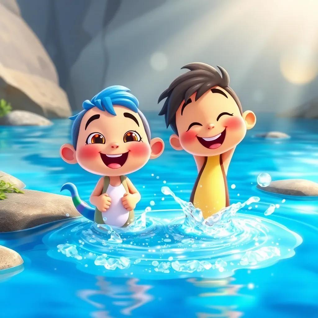 Koko and Lino near a sparkling stream, splashing water joyfully, bright sun shining, with playful expression, vibrant blue water, cartoonish style, cheerful mood