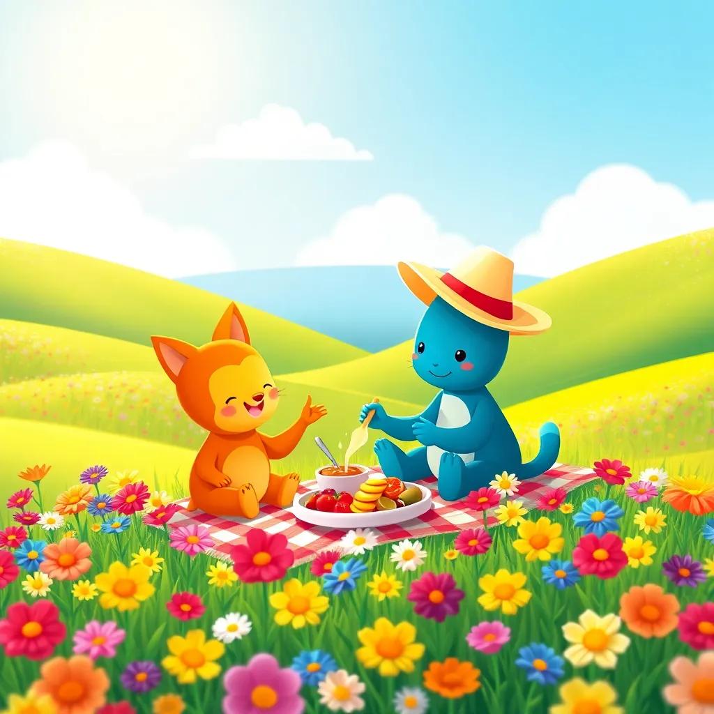 Koko and Lino having a picnic on a hill full of flowers, sharing food, bright colors, sun shining, beautiful landscape, heartwarming illustration, cozy and joyful