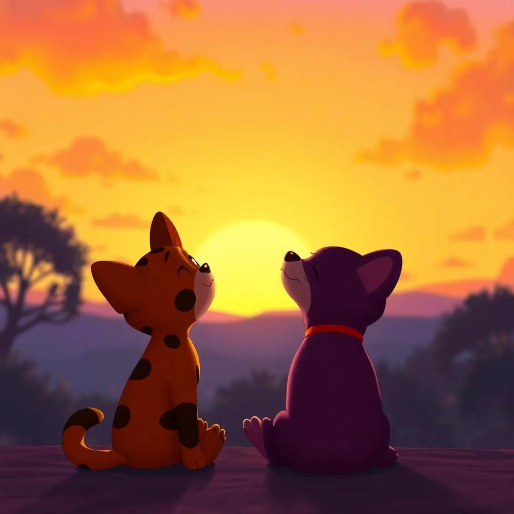 Koko and Lino looking at a sunset, with bright orange and purple skies, sitting side by side, feeling happy and peaceful, digital painting, emotional moment