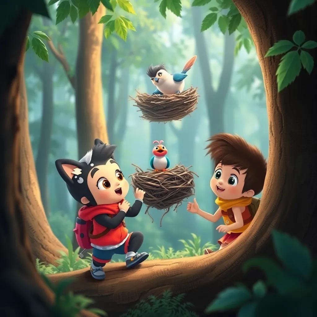 Koko and Lino exploring together in the forest, discovering a bird's nest in a tree, curious expressions, adventure theme, colorful animation, imaginative scene