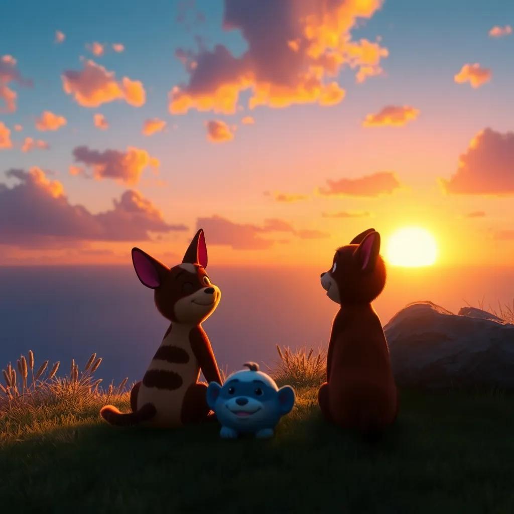 Koko and Lino sitting in their favorite spot watching the sunset, colorful sky reflecting on their happy faces, digital art, tranquility and friendship, serene