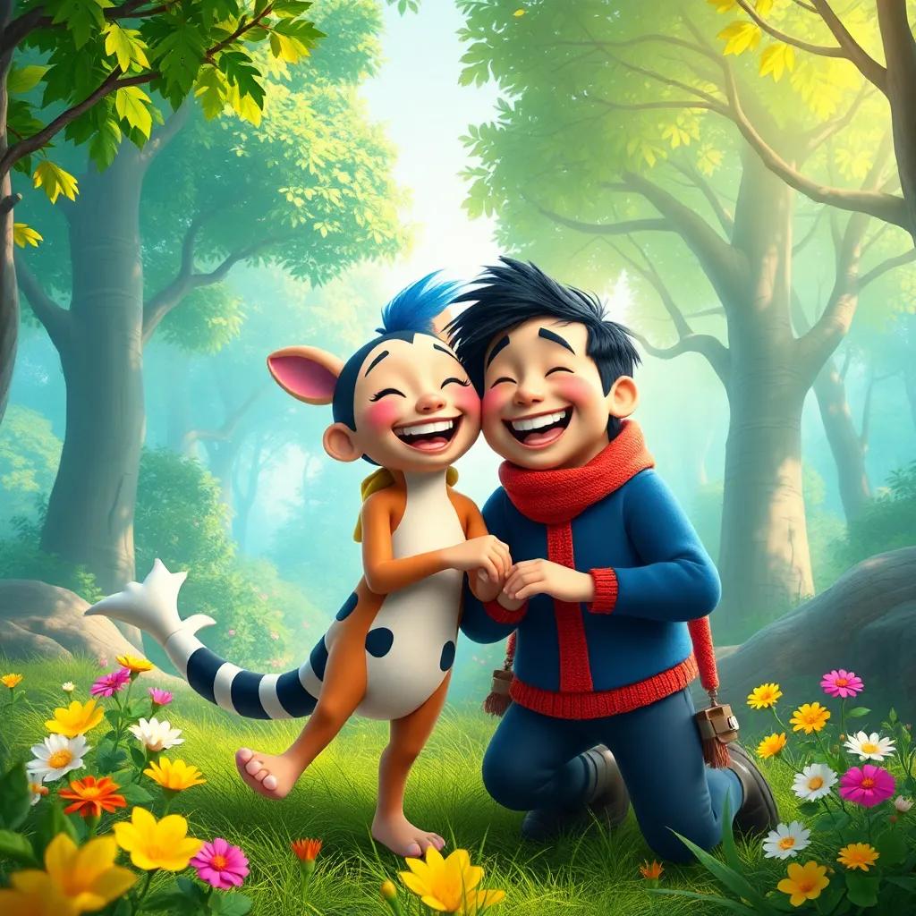 Koko and Lino having fun in the forest, laughing together, vibrant scenery with lots of trees and flowers, joyful atmosphere, enchanting, storybook style