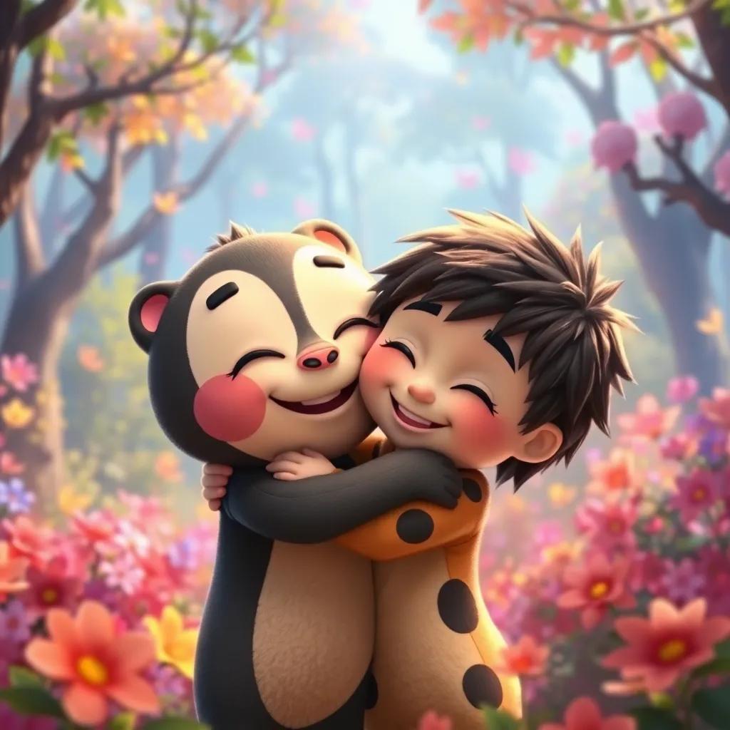 Koko and Lino hugging each other with smiles, surrounded by a beautiful forest filled with colors, joyful atmosphere, children-friendly, heartwarming scene